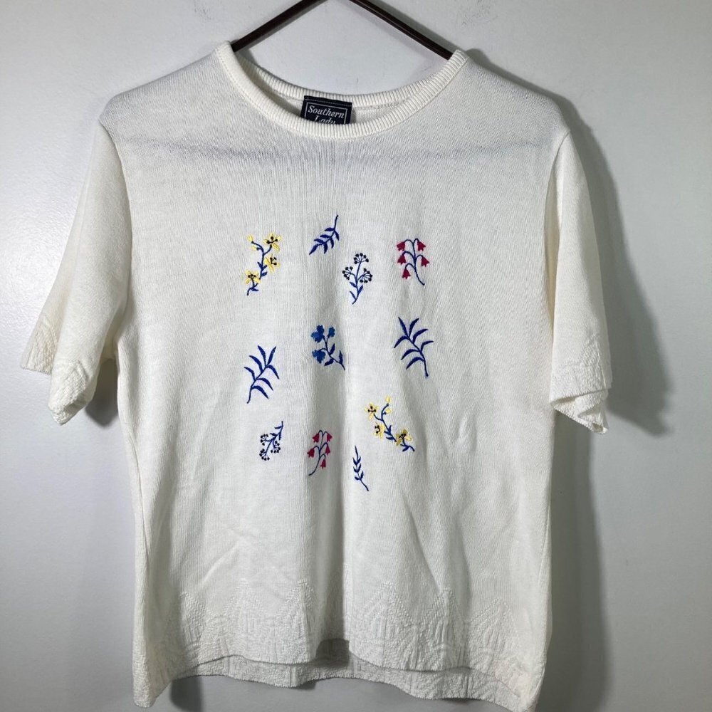 Womens Vintage Southern Lady Knit Floral Short Sleeve Sweater White Blue M